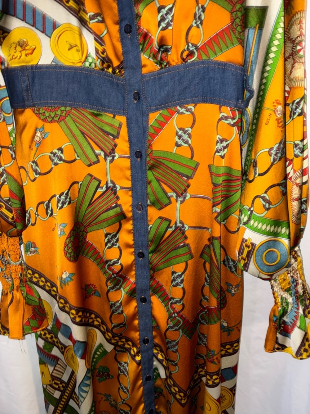 TOV Holy Patterned Maxi Shirt Button Dress With Denim Trim Size 40 New With Tag - Picture 4 of 11